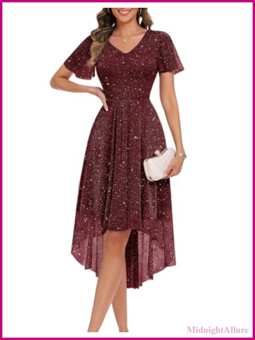 Sequin High Low Midi Dress V-Neck Short Sleeve Formal